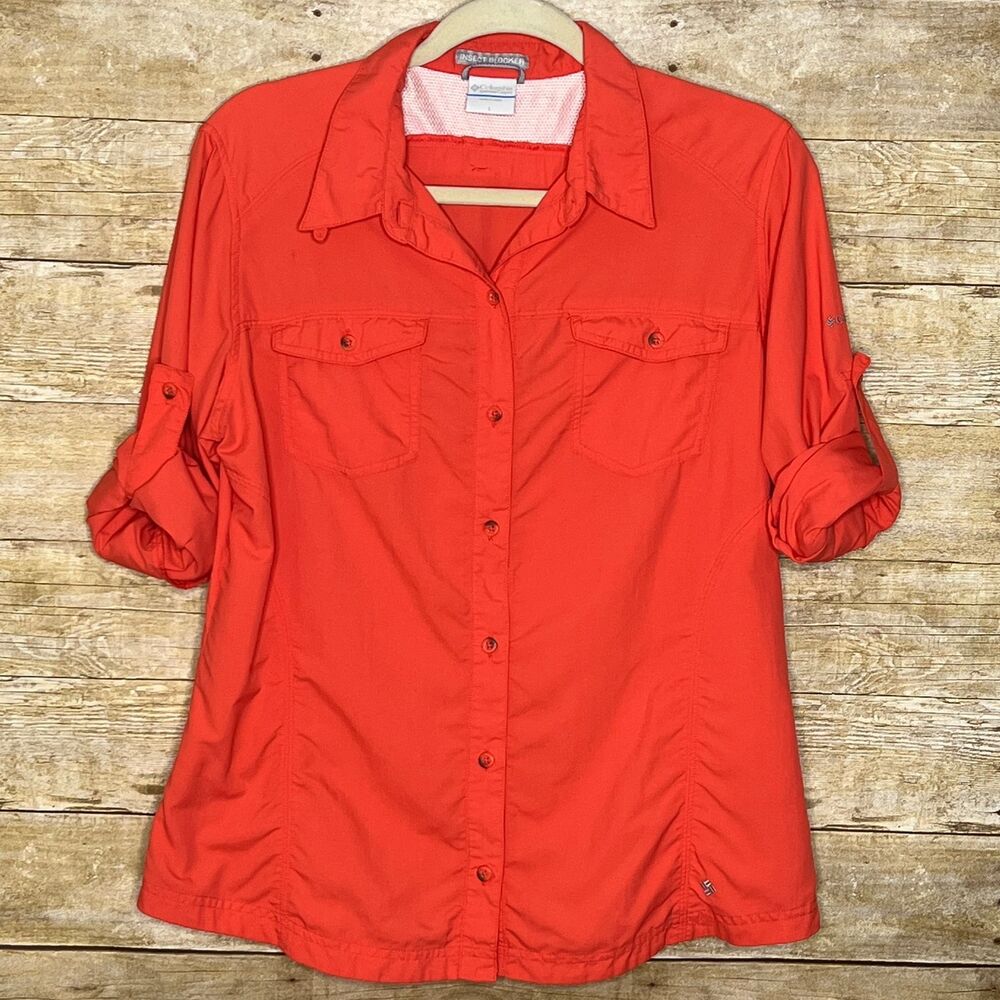 COLUMBIA SEMI-FITTED BUTTON FRONT CASUAL OUTDOOR ROLL TAB SLEEVE COASTAL SHIRT